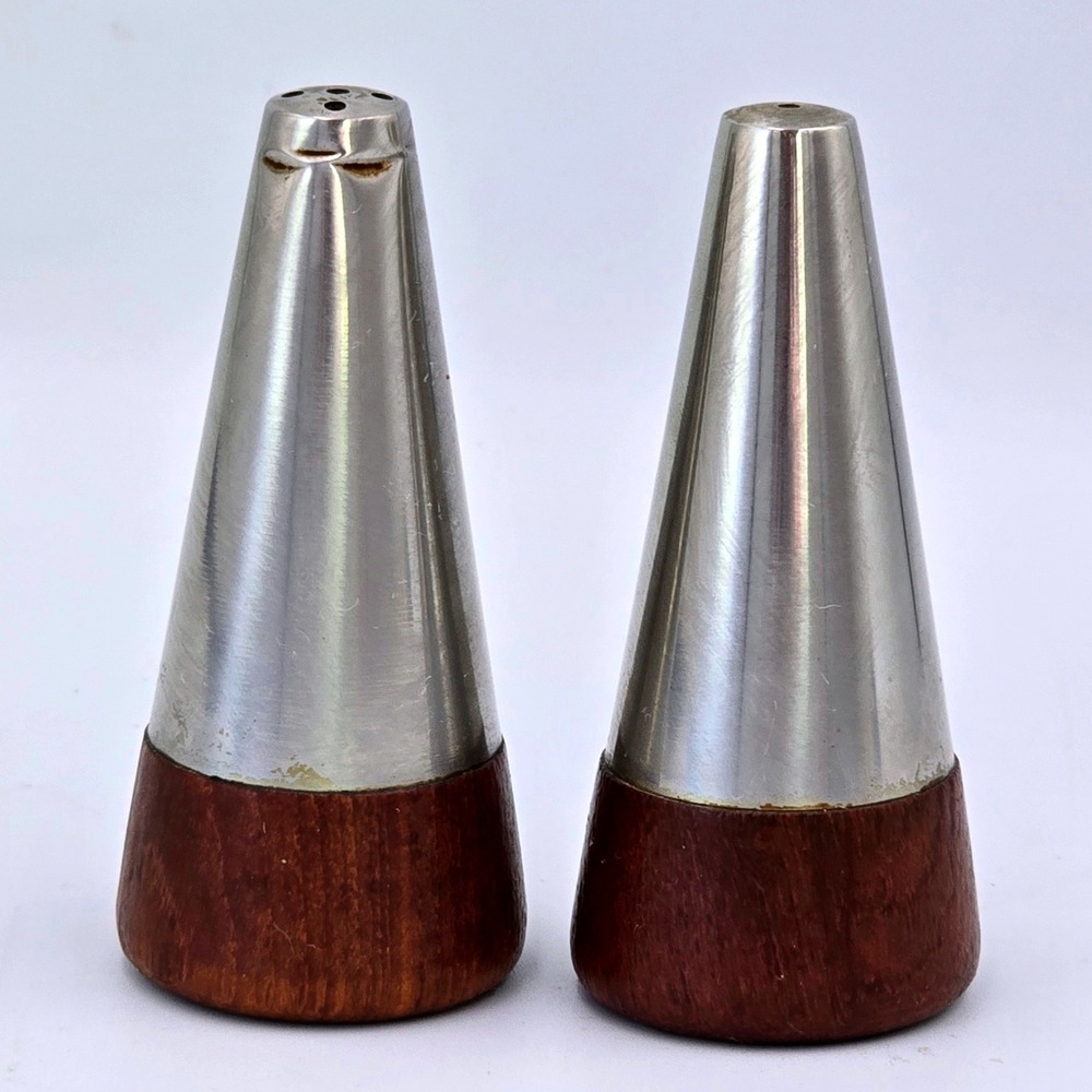 Lundtofte A & B Conical Salt‎ Pepper Shakers Brushed Metal and Wood Base Set MCM